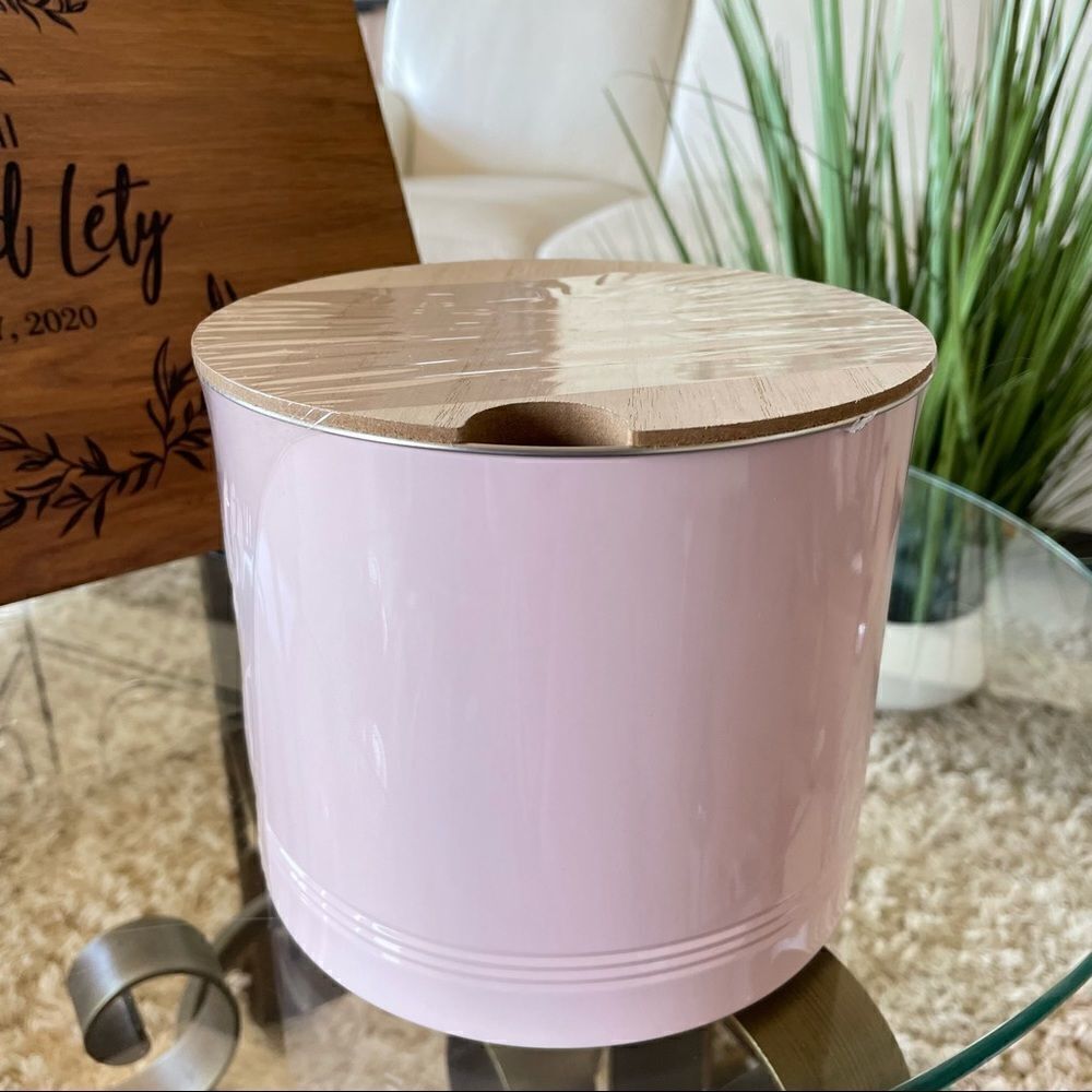NWT New & Sealed Pink Metal Aluminum with Wood Lid Storage Container Canister